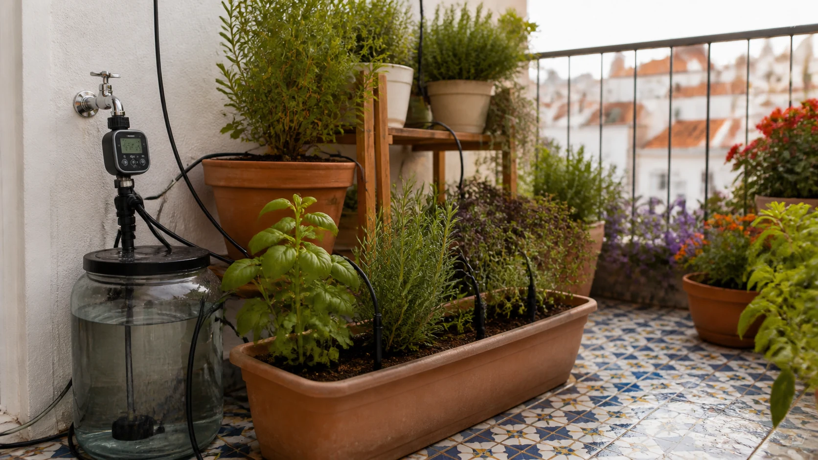 Imagem editorial do guia Rega automática para varanda e jardim pequeno